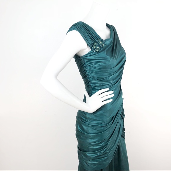 Tadashi Shoji Dress Teal Fitted Drape Ruched Gown - Picture 4 of 8